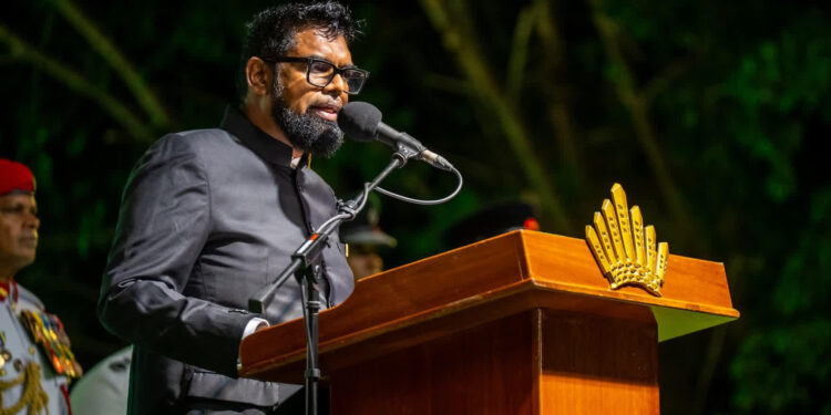 Commander-in-Chief of the Armed Forces, President Mohamed Irfaan Ali, at the Flag Raising ceremony in Fort Island on Monday evening