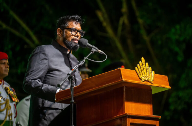 Commander-in-Chief of the Armed Forces, President Mohamed Irfaan Ali, at the Flag Raising ceremony in Fort Island on Monday evening