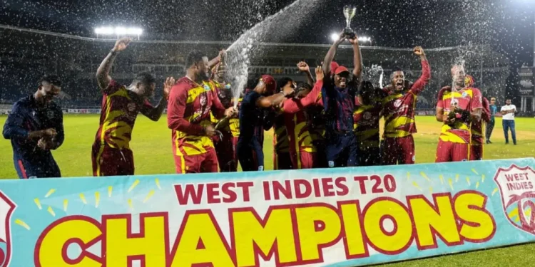 The West Indies players celebrate their series win  •  CWI