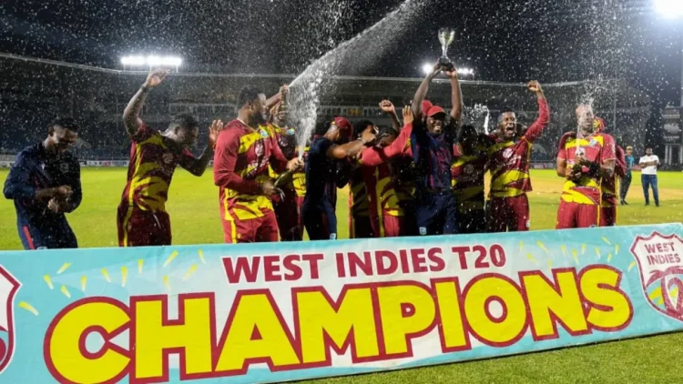 The West Indies players celebrate their series win • CWI