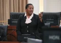 Opposition Leader Pennelope Beckles contributes to Wednesday’s debate in Parliament on the motion to extend the state of emergency for a further three months. —Photos: parliament