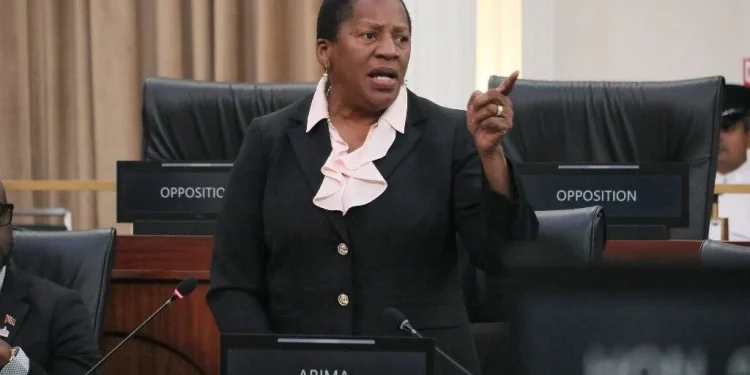 Opposition Leader Pennelope Beckles contributes to Wednesday’s debate in Parliament on the motion to extend the state of emergency for a further three months. —Photos: parliament