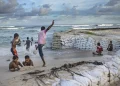 Children play on a fortified beach in Temwaiku, a village on the Tarawa atoll, the capital of the Pacific island nation of Kiribati.(NRDC/ NOOR photo)