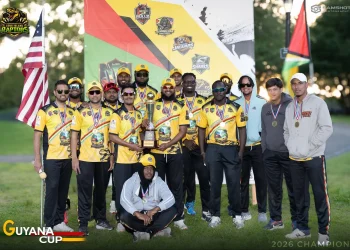 Long Island Raptors members pose with championship trophy (Photo: Guyana Cup/Facebook)