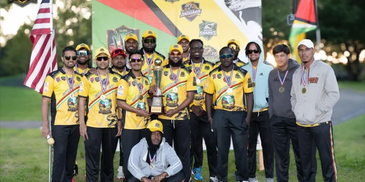 Long Island Raptors members pose with championship trophy (Photo: Guyana Cup/Facebook)