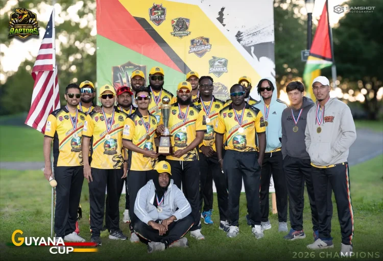 Long Island Raptors members pose with championship trophy (Photo: Guyana Cup/Facebook)