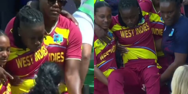West Indies' Deandra Dottin is carried off the field by teammates ahead of the T20 World Cup semifinal vs Australia. (Screengrabs: ICC Facebook)