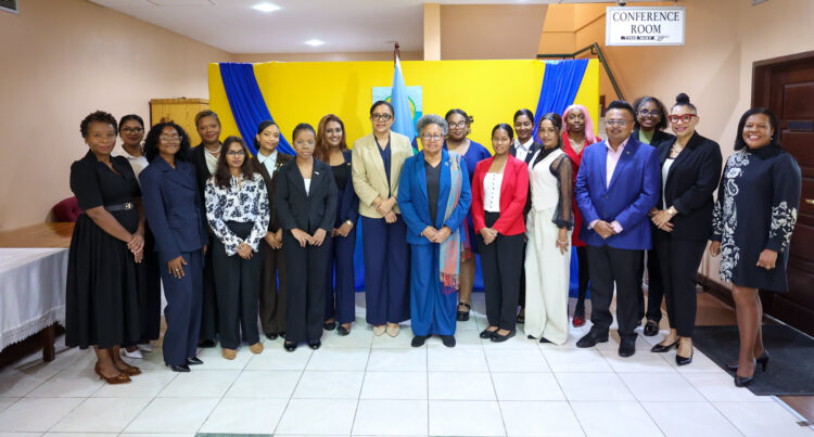 CARICOM Secretary-General, Dr Carla Barnett (centre), flanked by the honourary diplomats, officials of the CARICOM Secretariat, High Commissioner of Belize to Guyana, and Director General of Imperial House, Guyana.