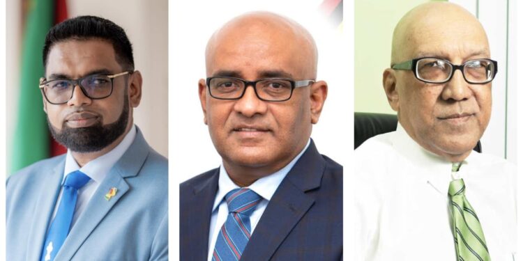 L-R President Irfaan Ali, Vice President Bharrat Jagdeo, columinst GHK Lall
