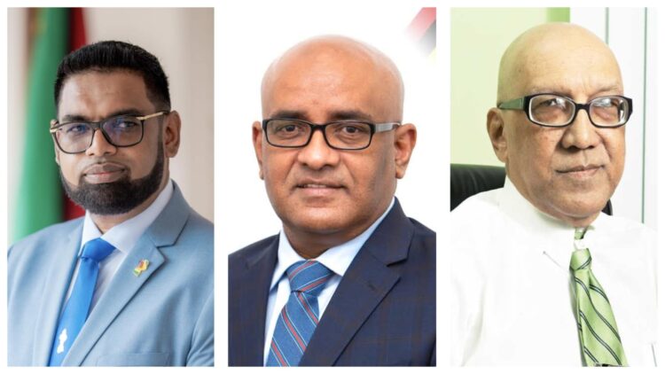 L-R President Irfaan Ali, Vice President Bharrat Jagdeo, columinst GHK Lall