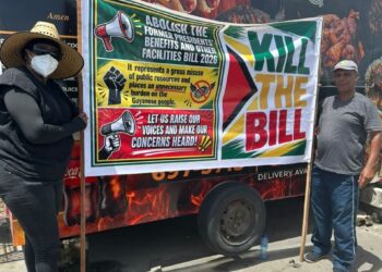 Former APNU=AFC Minister and former Parliamentarian Annette Ferguson and fellow Guyanese protesting Former Presidents Benefits Bill at the Office of the President- June 25, 2026