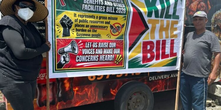 Former APNU=AFC Minister and former Parliamentarian Annette Ferguson and fellow Guyanese protesting Former Presidents Benefits Bill at the Office of the President- June 25, 2026