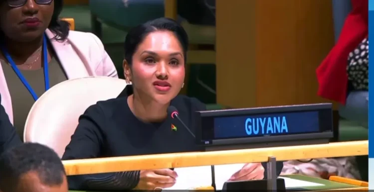 First Lady Arya Ali addressing the United Nations on Tuesday