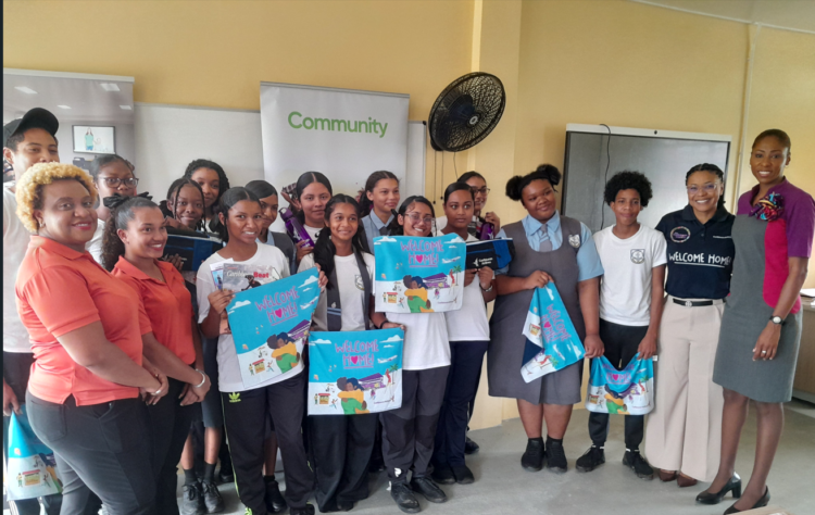 Students of Diamond Secondary share a light moment with Caribbean Airlines Country Manager for Guyana and Suriname (second right); FA Jamila Romany(first right) and other team members from the GTA, Shellon Nicholas, Senior Tourism Events Officer (first left) and Naliyah Lallbeharry GTA’s Marketing and Event Officer(second left) following our Career Talk Session at the school on May 28.