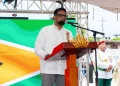 President Dr Mohamed Irfan Ali addresses workers at the ceremony commemorating Enmore Martyrs Day on Tuesday
