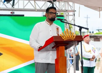 President Dr Mohamed Irfan Ali addresses workers at the ceremony commemorating Enmore Martyrs Day on Tuesday