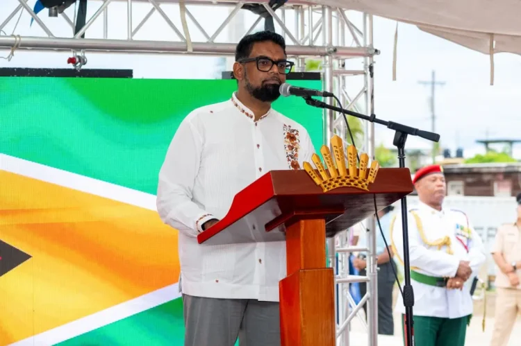 President Dr Mohamed Irfan Ali addresses workers at the ceremony commemorating Enmore Martyrs Day on Tuesday