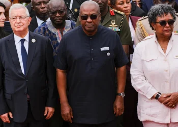 Ghana's President John Dramani Mahama, Barbados' Prime Minister Mia Amor Mottley and other dignitaries attended a wreath-laying event at the Christiansborg Castle, a former slave post in Ghana [Reuters]