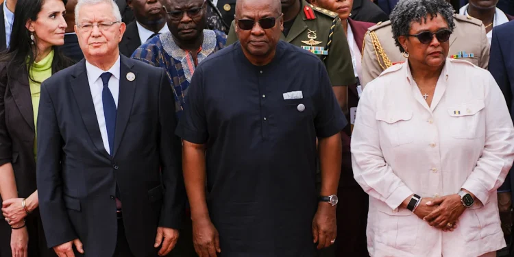 Ghana's President John Dramani Mahama, Barbados' Prime Minister Mia Amor Mottley and other dignitaries attended a wreath-laying event at the Christiansborg Castle, a former slave post in Ghana [Reuters]