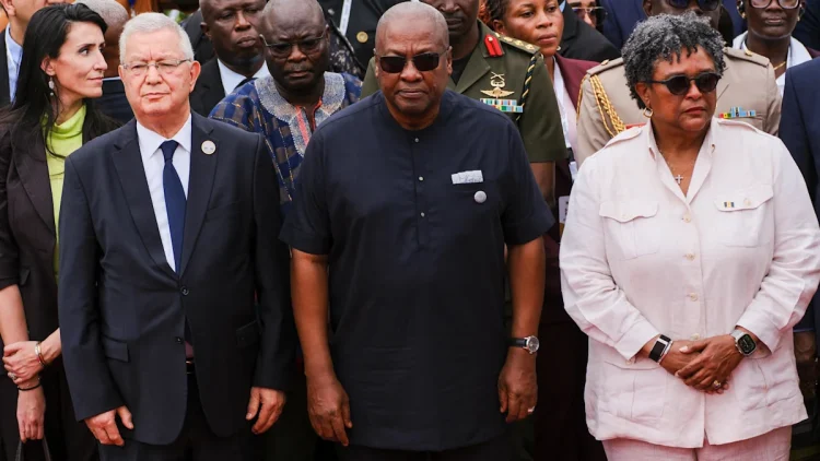 Ghana's President John Dramani Mahama, Barbados' Prime Minister Mia Amor Mottley and other dignitaries attended a wreath-laying event at the Christiansborg Castle, a former slave post in Ghana [Reuters]