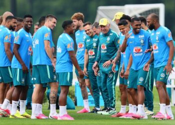 Brazil coach Carlo Ancelotti and team members during a training session at the Columbia Park Training Facility in New Jersey, US, on Friday. Photograph: Caean Couto/Reuters