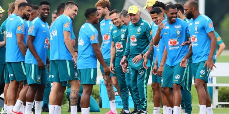 Brazil coach Carlo Ancelotti and team members during a training session at the Columbia Park Training Facility in New Jersey, US, on Friday. Photograph: Caean Couto/Reuters