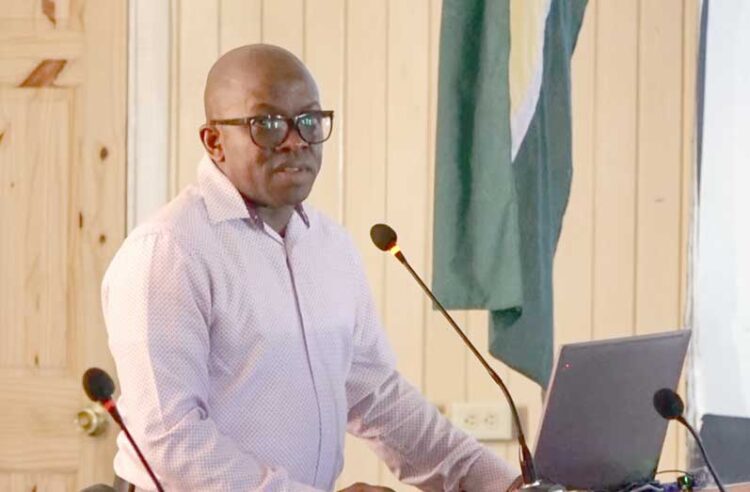 Engineer Patrice Jacobs on Monday presenting his automated koker proposal to the Mayor and City Council of Georgetown (Guyana Chronicle photo)