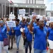 FLASHBACK: Idi Stuart, right, president of the Trinidad and Tobago National Nurses Association, leads nurses in a protest in the car park of the Sangre Grande Hospital Campus in March. —Photo: CURTIS CHASE