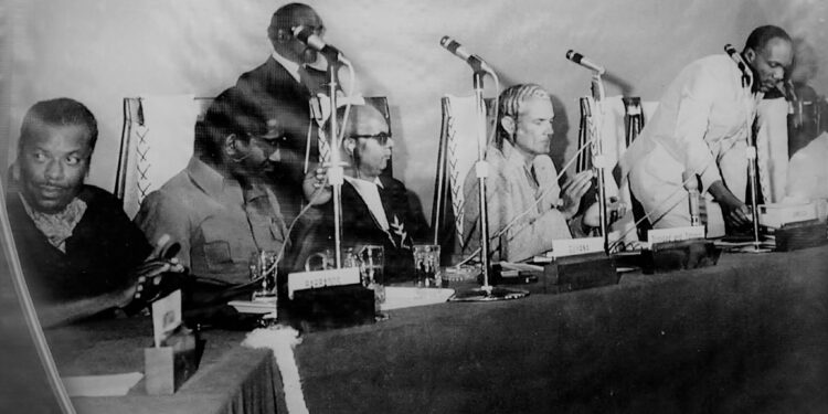 FOUNDING Fathers signing the Treaty of Chaguaramas in 1973. From left, PM Errol Barrow, PM Forbes Burnham, PM Eric Williams and PM Michael Manley