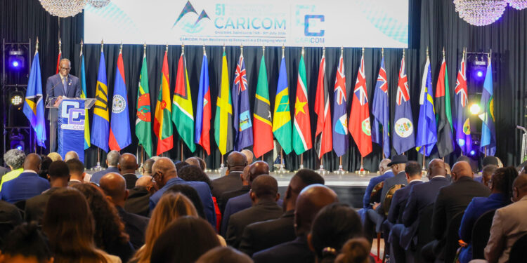 Chairman of CARICOM, The Hon. Philip J. Pierre, Prime Minister of Saint Lucia addressing the Opening Ceremony of the 51st Regular Meeting of the Conference of Heads of Government of the Caribbean Community at Sandals Grande Saint Lucia, Sunday 5 July.