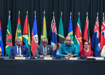 At the Media Conference, from left, are/; CARICOM Secretary-General, Dr. Carla Barnett; Outgoing Chair of CARICOM, the Hon. Dr. Terrance Drew, Prime Minister of St. Kitts and Nevis; Chair of CARICOM, the Hon. Philip J. Pierre, Prime Minister of Saint Lucia; Minister of Foreign Affairs, International Business and International Cooperation of Suriname, the Hon. Melvin W. Bouva; Prime Minister of Trinidad and Tobago, the Hon. Kamla Persad-Bissessar; and Prime Minister of Barbados, the Hon. Mia Amor Mottley