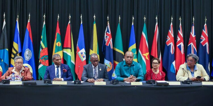 At the Media Conference, from left, are/; CARICOM Secretary-General, Dr. Carla Barnett; Outgoing Chair of CARICOM, the Hon. Dr. Terrance Drew, Prime Minister of St. Kitts and Nevis; Chair of CARICOM, the Hon. Philip J. Pierre, Prime Minister of Saint Lucia; Minister of Foreign Affairs, International Business and International Cooperation of Suriname, the Hon. Melvin W. Bouva; Prime Minister of Trinidad and Tobago, the Hon. Kamla Persad-Bissessar; and Prime Minister of Barbados, the Hon. Mia Amor Mottley