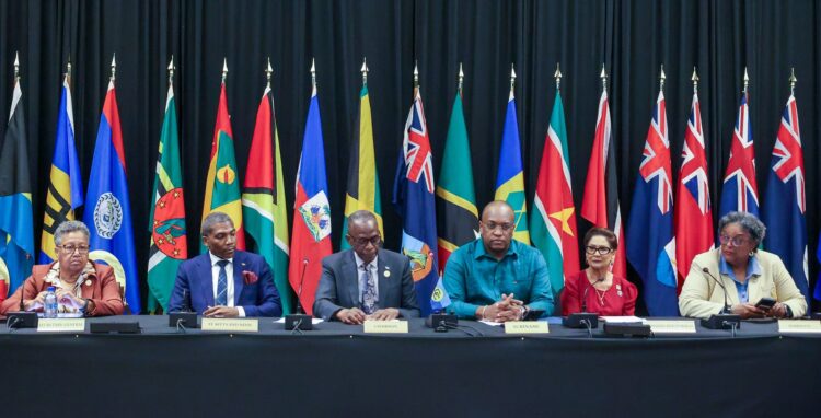 At the Media Conference, from left, are/; CARICOM Secretary-General, Dr. Carla Barnett; Outgoing Chair of CARICOM, the Hon. Dr. Terrance Drew, Prime Minister of St. Kitts and Nevis; Chair of CARICOM, the Hon. Philip J. Pierre, Prime Minister of Saint Lucia; Minister of Foreign Affairs, International Business and International Cooperation of Suriname, the Hon. Melvin W. Bouva; Prime Minister of Trinidad and Tobago, the Hon. Kamla Persad-Bissessar; and Prime Minister of Barbados, the Hon. Mia Amor Mottley