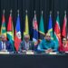 At the Media Conference, from left, are/; CARICOM Secretary-General, Dr. Carla Barnett; Outgoing Chair of CARICOM, the Hon. Dr. Terrance Drew, Prime Minister of St. Kitts and Nevis; Chair of CARICOM, the Hon. Philip J. Pierre, Prime Minister of Saint Lucia; Minister of Foreign Affairs, International Business and International Cooperation of Suriname, the Hon. Melvin W. Bouva; Prime Minister of Trinidad and Tobago, the Hon. Kamla Persad-Bissessar; and Prime Minister of Barbados, the Hon. Mia Amor Mottley