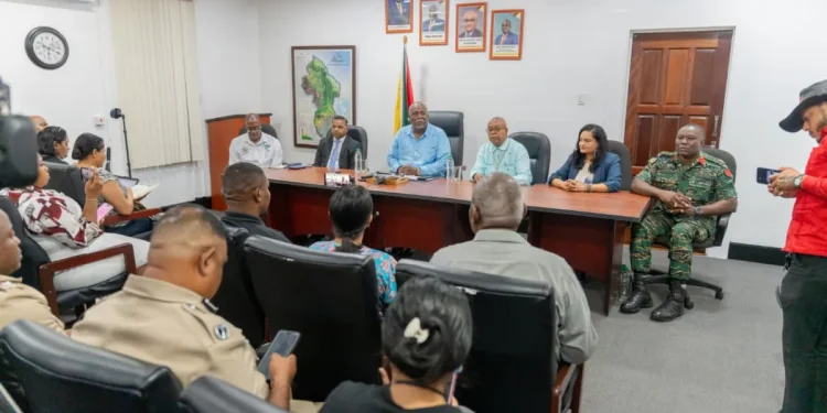 Prime Minister Brigadier Retired Mark Phillips briefed the public on Monday at his office in Georgetown (DPI photo)