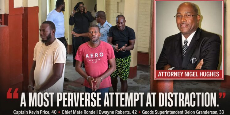 L-R The three transport employees, charges for murder for MV Barima sinking, Attorney-at-law Nigel Hughes