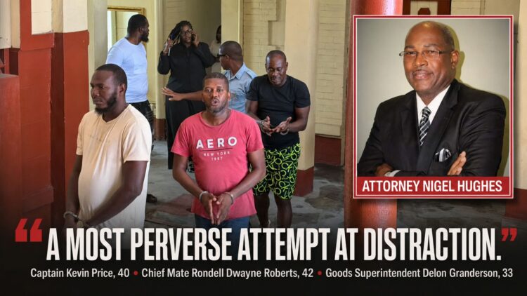 L-R The three transport employees, charges for murder for MV Barima sinking, Attorney-at-law Nigel Hughes