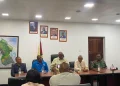 Prime Minister Brigadier (Ret’d) Mark Phillips, Minister of Public Works, Bishop Juan Edghill and key stakeholders during a pres briefing on Tuesday (dpi photo)