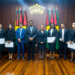 President Irfaan Ali, flanked by Attorney General Mohabir Anil Nandlall, SC, and the six newly appointed Puisne Judges