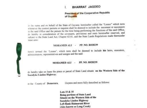 President Irfaan Ali lease land