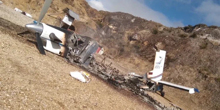 Images released by the Papuan separatist group Pakusan TPNPB Kodap on Thursday show a destroyed plane in the hills around Balinggama village.TPNPB via Reuters