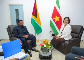 L-R Guyana's President Irfaan Ali, Suriname's President Jennifer Geerlings-Simons