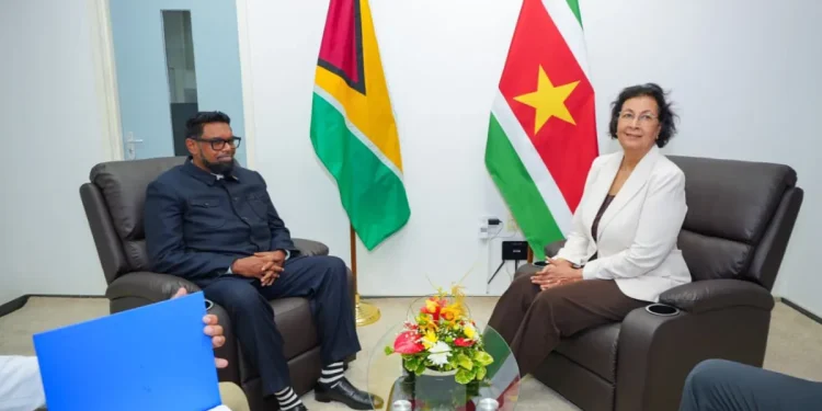 L-R Guyana's President Irfaan Ali, Suriname's President Jennifer Geerlings-Simons