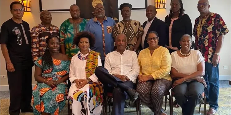 The CARICOM Reparations Commission - Seated (L-R): Dr Niambi Hall Campbell Dean, The Bahamas; Professor Verene Shepherd, Vice Chair, Research; Professor Sir Hilary Beckles, CRC Chairman, The UWI; Dr Hilary Brown, CARICOM Secretariat; Ms Laleta Davis Mattis, Jamaica. Standing (L-R): Ambassador David Comissiong, Barbados; The Hon. Trevor Prescod, Barbados; Ambassador Arley Gill, Grenada; Mr Dorbrene O’Marde, Antigua and Barbuda; Mr Earl Bousquet, Saint Lucia; Mr Eric Phillips, Guyana; Ms Carla Astaphan, St. Kitts and Nevis and Dr Damien Dublin, Dominica