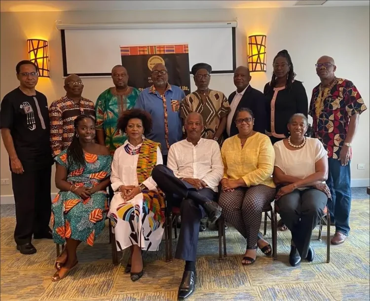 The CARICOM Reparations Commission - Seated (L-R): Dr Niambi Hall Campbell Dean, The Bahamas; Professor Verene Shepherd, Vice Chair, Research; Professor Sir Hilary Beckles, CRC Chairman, The UWI; Dr Hilary Brown, CARICOM Secretariat; Ms Laleta Davis Mattis, Jamaica. Standing (L-R): Ambassador David Comissiong, Barbados; The Hon. Trevor Prescod, Barbados; Ambassador Arley Gill, Grenada; Mr Dorbrene O’Marde, Antigua and Barbuda; Mr Earl Bousquet, Saint Lucia; Mr Eric Phillips, Guyana; Ms Carla Astaphan, St. Kitts and Nevis and Dr Damien Dublin, Dominica