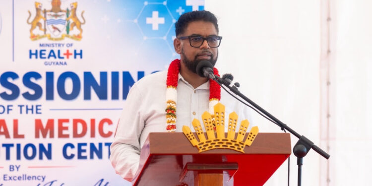 President Irfaan Ali at the commissioning of the new drug bond in Onderneeming, Region Two