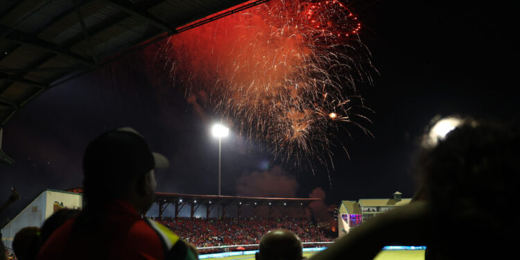 GEORGETOWN, GUYANA - SEPTEMBER 07: A fireworks display goes off to mark the inauguration of President Dr. Mohamed Irfaan Ali at halftime during the Men's 2025 Republic Bank Caribbean Premier League match between Guyana Amazon Warriors v St Kitts & Nevis Patriots at Providence Stadium on September 07, 2025 in Georgetown, Guyana. (Photo by Ashley Allen - CPL T20/Getty Images)