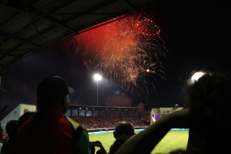 GEORGETOWN, GUYANA - SEPTEMBER 07: A fireworks display goes off to mark the inauguration of President Dr. Mohamed Irfaan Ali at halftime during the Men's 2025 Republic Bank Caribbean Premier League match between Guyana Amazon Warriors v St Kitts & Nevis Patriots at Providence Stadium on September 07, 2025 in Georgetown, Guyana. (Photo by Ashley Allen - CPL T20/Getty Images)