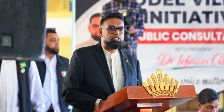 President Dr Mohamed Irfaan Ali addressing the gathering at a Model Village Initiative consultation held on Thursday