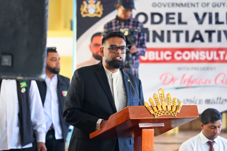 President Dr Mohamed Irfaan Ali addressing the gathering at a Model Village Initiative consultation held on Thursday